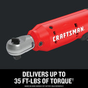 A close-up of a red Craftsman power tool, specifically a cordless ratchet, with text stating it delivers up to 35 ft-lbs of torque. Additional note indicates performance is based on using a CMCB202 V20 battery, sold separately.