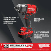 Photo of Craftsman V20 brushless cordless impact wrench, SKU CMCF940M1, angled view on gray background.