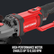 Photo of Craftsman red cordless angle grinder, SKU CMCG400B, side view with black grip.