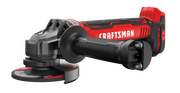 Photo of Craftsman CMCG450B cordless angle grinder, black and red, side angle on white background.