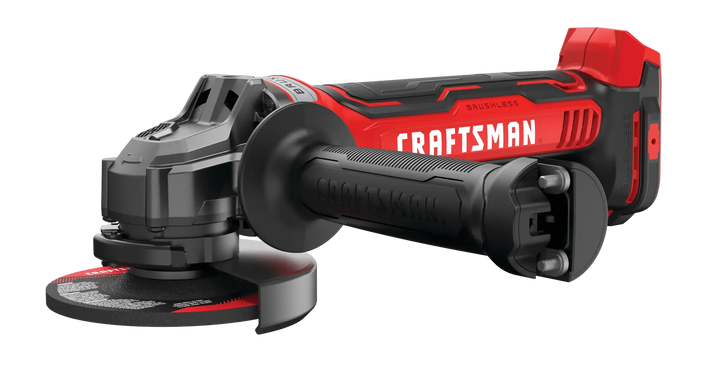 Photo of Craftsman CMCG450B cordless angle grinder, black and red, side angle on white background.
