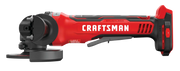 Photo of Craftsman cordless angle grinder CMCG450B, red and black, side view on white background.