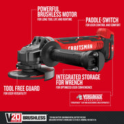 Photo of Craftsman cordless angle grinder, model CMCG450B, side angle, showing black handle, paddle-switch, tool-free guard, and V20 BRUSHLESS branding.