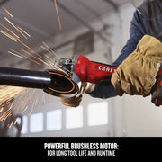 Photo of Craftsman CMCG450B cordless angle grinder cutting metal, sparks flying, worker wearing gloves.
