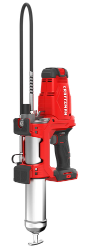 Craftsman cordless grease gun with red and black handle, vertical angle, CMCGG001B.