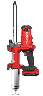 Front angle photo of Craftsman cordless grease gun CMCGG001D1 with red body and black handle on white background.