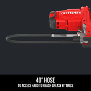 Photo of Craftsman grease gun CMCGG001D1 with 40-inch hose fully extended, side angle on black background.