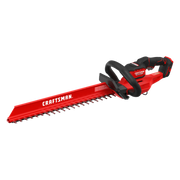 Photo of Craftsman cordless hedge trimmer CMCHT830B, red and black, side angle on white background.