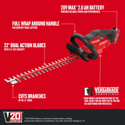 Photo of Craftsman hedge trimmer CMCHTS820D1 with 22 inch dual action blades, V20 2.0Ah battery, and wrap around handle on white background.