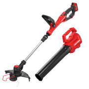 Photo of Craftsman CMCK197D1 red cordless string trimmer and blower set, front angle on white background.