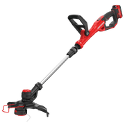 Photo of Craftsman cordless string trimmer, red and black, model CMCK197D1, side angle, white background.