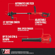 Photo of Craftsman combo kit CMCK197D1 with red string trimmer and blower, key features highlighted on red background.