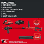 Photo of CRAFTSMAN CMCK197D1 V20 combo kit with string trimmer, blower, battery, charger, spool, handle, guard.