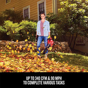 Photo of Craftsman leaf blower CMCK197D1 in use outdoors with leaves blowing on a lawn, product features highlighted.