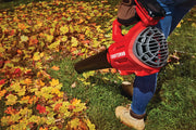 Photo of Craftsman CMCK197M1 leaf blower clearing autumn leaves from grass outdoors.