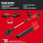 Photo of Craftsman V20 combo kit CMCK197M1 with string trimmer, blower, battery, charger, spool, handle, guard.
