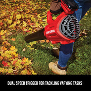 Photo of Craftsman leaf blower CMCK197M1 in use outdoors, blowing autumn leaves on grass.