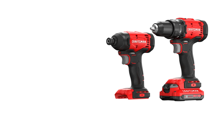 Front angle photo of Craftsman CMCK201D1 cordless drill and impact driver set in red and black.