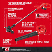 Photo of Craftsman CMCK279C2 cordless string trimmer and blower set, V20 lithium ion, features labeled on red background.