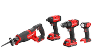A set of four cordless Craftsman power tools, including a reciprocating saw, an impact driver, a drill, and a flashlight, all with red and black handles and rechargeable batteries attached.
