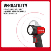 CRAFTSMAN pivoting head flashlight, adjusts beam easily for flexibility in work areas. Text highlights versatility.