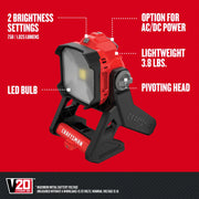 Front angle photo of Craftsman LED work light CMCL030B, red and black, pivoting head, V20 battery slot visible.