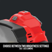 Craftsman red LED work light CMCL030B, close-up front angle, brightness settings button visible.