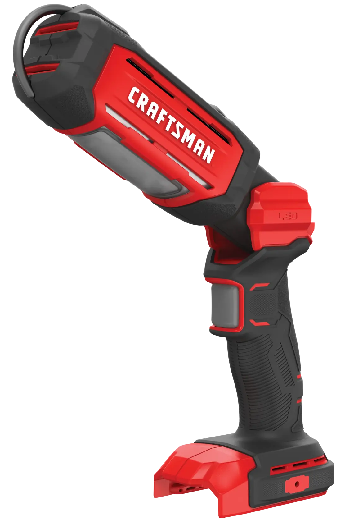 Photo of Craftsman LED work light CMCL050B, cordless, red and black, side angle on white background.