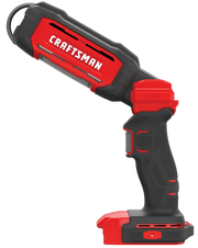 Photo of Craftsman cordless LED work light CMCL050B, black and red, side angle on white background.