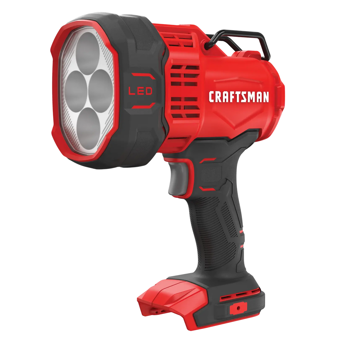Photo of CRAFTSMAN handheld LED spotlight, model CMCL060B, in black and red, angled view on white background.