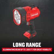 Photo of Craftsman handheld LED spotlight CMCL060B, red and black, front left angle, four-bulb head, black background.