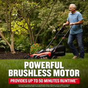 CRAFTSMAN CMCMW220P2 cordless lawn mower in use on grass near flower bed, red and black design, outdoor scene.