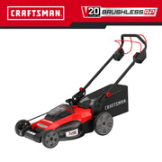 Photo of Craftsman CMCMWSP220P2 cordless electric lawn mower, red and black, side angle on white background.
