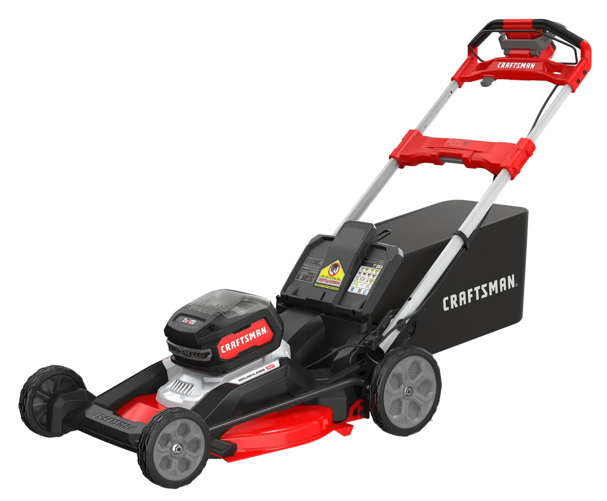 Photo of Craftsman CMCMWSP320X2 cordless lawn mower, black and red, side angle on white background.