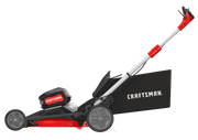 Photo of Craftsman CMCMWSP320X2 cordless lawn mower, side angle, black and red design with rear grass bag.