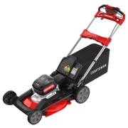 Photo of Craftsman CMCMWSP320X2 cordless lawn mower, black and red design, angled on white background.