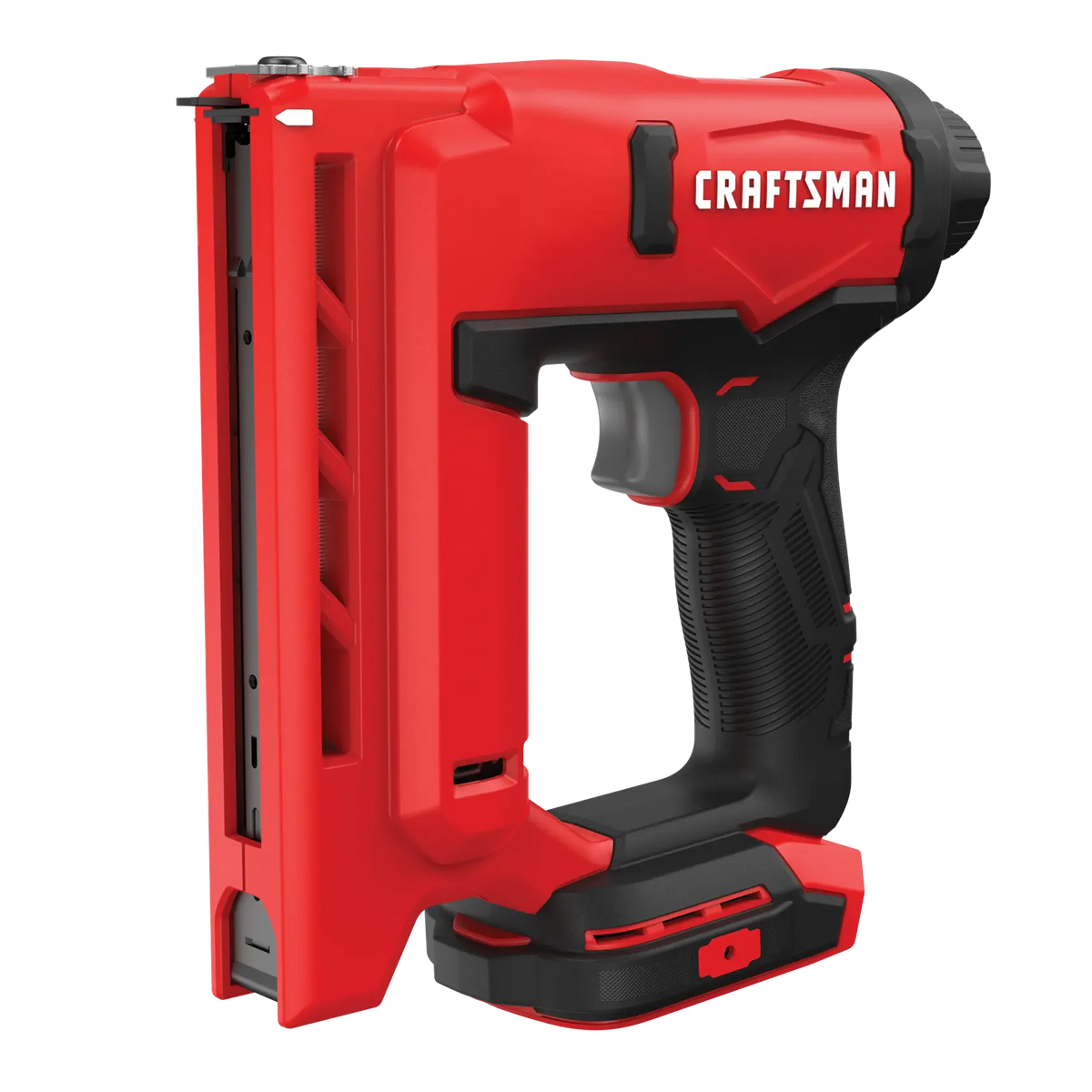 Craftsman red cordless stapler, side angle, CMCN410B, with black grip and trigger on white background.