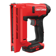 Craftsman red cordless stapler, side angle, CMCN410B, with black grip and trigger on white background.