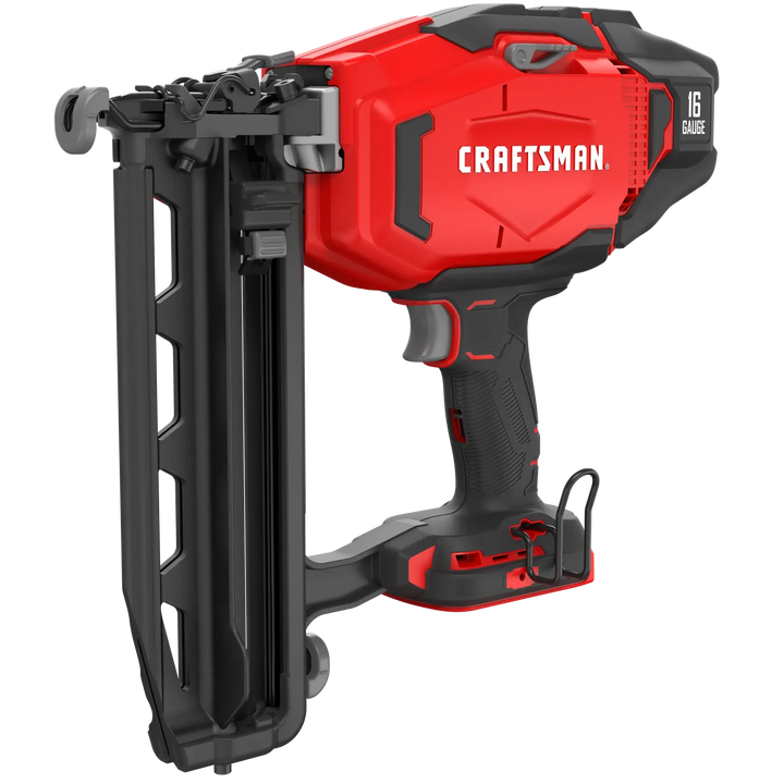 Photo of CRAFTSMAN CMCN616B 16-gauge cordless finish nailer, side angle on white background.