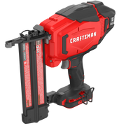 Photo of CRAFTSMAN 18 gauge cordless brad nailer, SKU CMCN618B, in red and black, angled on white background.