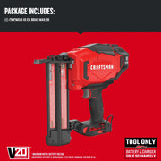 Photo of Craftsman 18 gauge brad nailer, model CMCN618B, side view on white background, red and black design.