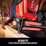 Photo of Craftsman CMCN618B cordless brad nailer in use, close-up showing no-mar tip on wood surface.