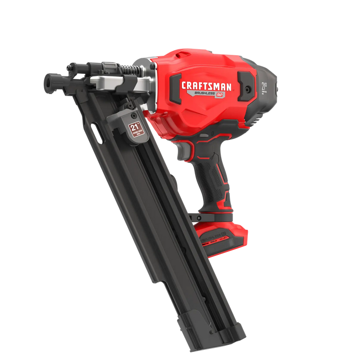Photo of CRAFTSMAN cordless framing nailer, brushless, red and black, SKU CMCN621PLB, side angle.