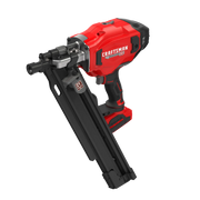 Photo of Craftsman cordless nailer, red and black, model CMCN621PLB, angled on white background.