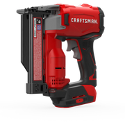 Photo of Craftsman 23GA cordless pin nailer, SKU CMCN623B, side angle, red and black body, white background.