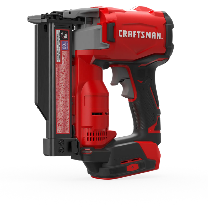 Photo of Craftsman 23GA cordless pin nailer, SKU CMCN623B, side angle, red and black body, white background.