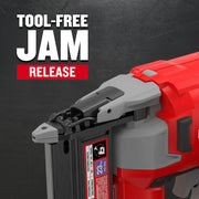 Craftsman red and gray cordless nailer CMCN623C1, close-up showing tool-free jam release feature, graphics category.