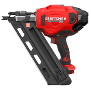 Photo of Craftsman cordless brushless framing nailer, red and black, side angle, model CMCN630PTB.