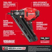 Photo of Craftsman cordless framing nailer, model CMCN630PTB, side view with red and black brushless motor design.
