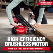 Photo of CRAFTSMAN cordless nailer CMCN630PTB with brushless motor in use for woodworking on the floor.